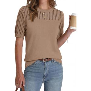 image:imageZeagoo Womens Short Sleeve Sweater Tops 2026 Spring Summer Crew Neck Hollow Out Blouses Dressy Business Casual OutfitsKhaki