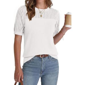 image:imageZeagoo Womens Short Sleeve Sweater Tops 2026 Spring Summer Crew Neck Hollow Out Blouses Dressy Business Casual OutfitsWhite