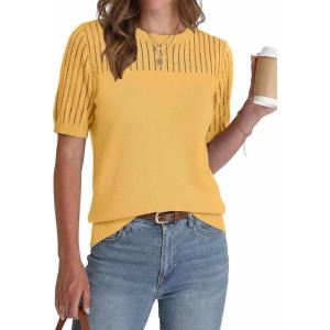 image:imageZeagoo Womens Short Sleeve Sweater Tops 2026 Spring Summer Crew Neck Hollow Out Blouses Dressy Business Casual OutfitsYellow