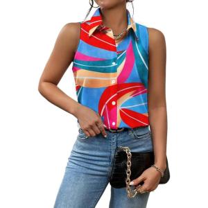 image:imageZeagoo Womens Sleeveless Button Down Shirts Blouses Casual Loose V Neck Tank Tops for Work SXXLA Multicolor