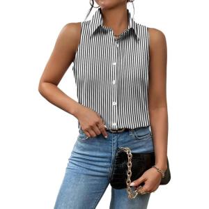 image:imageZeagoo Womens Sleeveless Button Down Shirts Blouses Casual Loose V Neck Tank Tops for Work SXXLStripe02