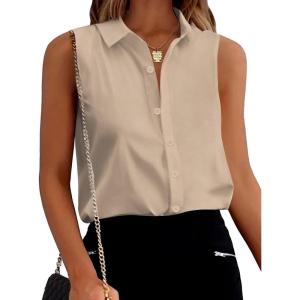 image:imageZeagoo Womens Sleeveless Button Down Shirts Blouses Solid Casual Basic V Neck Tank Tops for Work SXXLBeige