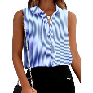 image:imageZeagoo Womens Sleeveless Button Down Shirts Blouses Solid Casual Basic V Neck Tank Tops for Work SXXLLight Blue Stripe