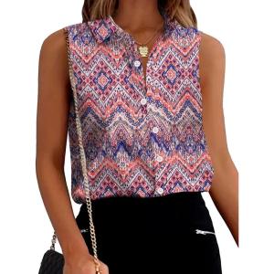 image:imageZeagoo Womens Sleeveless Button Down Shirts Blouses Solid Casual Basic V Neck Tank Tops for Work SXXLOrange Pattern