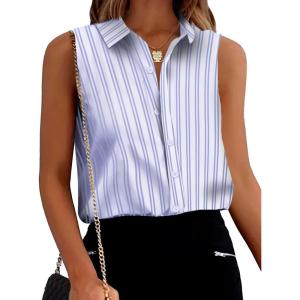 image:imageZeagoo Womens Sleeveless Button Down Shirts Blouses Solid Casual Basic V Neck Tank Tops for Work SXXLStripe