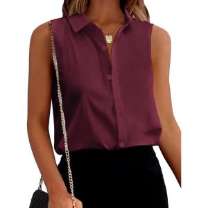 image:imageZeagoo Womens Sleeveless Button Down Shirts Blouses Solid Casual Basic V Neck Tank Tops for Work SXXLWine Red