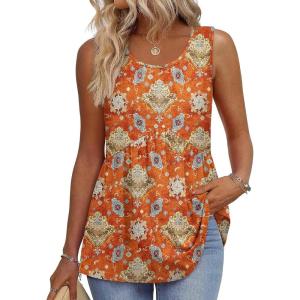 image:imageZeagoo Womens Summer Tank Tops Sleeveless Babydoll Tops Loose Fit Tunic Blouses Crew Neck Flowy Shirts S3XLOrange Ethnic Print