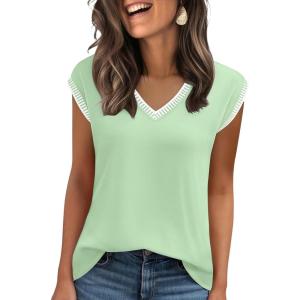 image:imageZeagoo Womens Summer Tops Cap Sleeve Casual Shirts 2025 V Neck Basic Tshirts Loose Fit Trendy TeeGreen