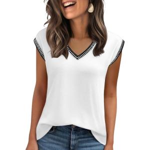image:imageZeagoo Womens Summer Tops Cap Sleeve Casual Shirts 2025 V Neck Basic Tshirts Loose Fit Trendy TeeWhite