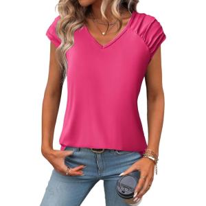 image:imageZeagoo Womens Summer Tops Cute Loose Tank Tops Caual Dressy Cap Sleeve Shirts V Neck Flowy TopsHot Pink