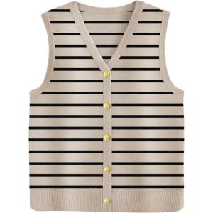image:imageZeagoo Womens Sweater Vest V Neck Button Down Shirts Trendy Knit Sleeveless Cardigan Top Shirt SXXLBeige Stripe