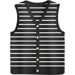 image:imageZeagoo Womens Sweater Vest V Neck Button Down Shirts Trendy Knit Sleeveless Cardigan Top Shirt SXXLBlack Stripe