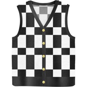 image:imageZeagoo Womens Sweater Vest V Neck Button Down Shirts Trendy Knit Sleeveless Cardigan Top Shirt SXXLBlack White Plaid