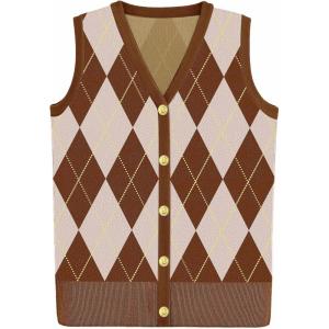 image:imageZeagoo Womens Sweater Vest V Neck Button Down Shirts Trendy Knit Sleeveless Cardigan Top Shirt SXXLBrown White Diamond