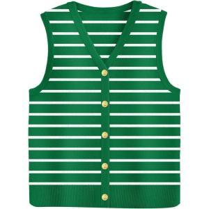 image:imageZeagoo Womens Sweater Vest V Neck Button Down Shirts Trendy Knit Sleeveless Cardigan Top Shirt SXXLGreen Stripe