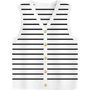 image:imageZeagoo Womens Sweater Vest V Neck Button Down Shirts Trendy Knit Sleeveless Cardigan Top Shirt SXXLWhite Stripe