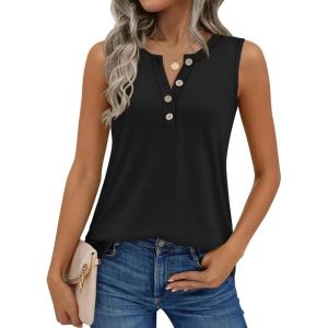 image:imageZeagoo Womens Tank Tops Summer Sleeveless Tops Loose Button Henley Shirts Crew Neck Dress Casual 2026 ClothesBlack