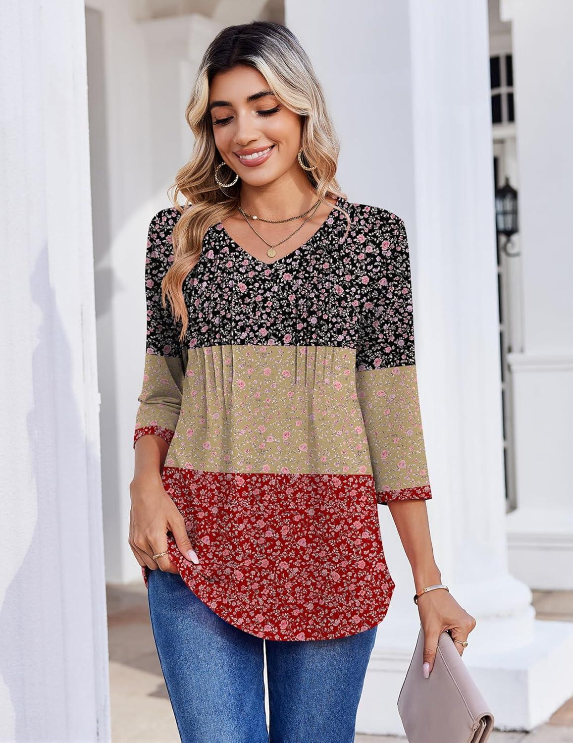image:imageZeagoo 34 Length Sleeve Womens Tops Casual V Neck Pleated Top Boho Floral Blouses Work ShirtsFloral Multiple Color