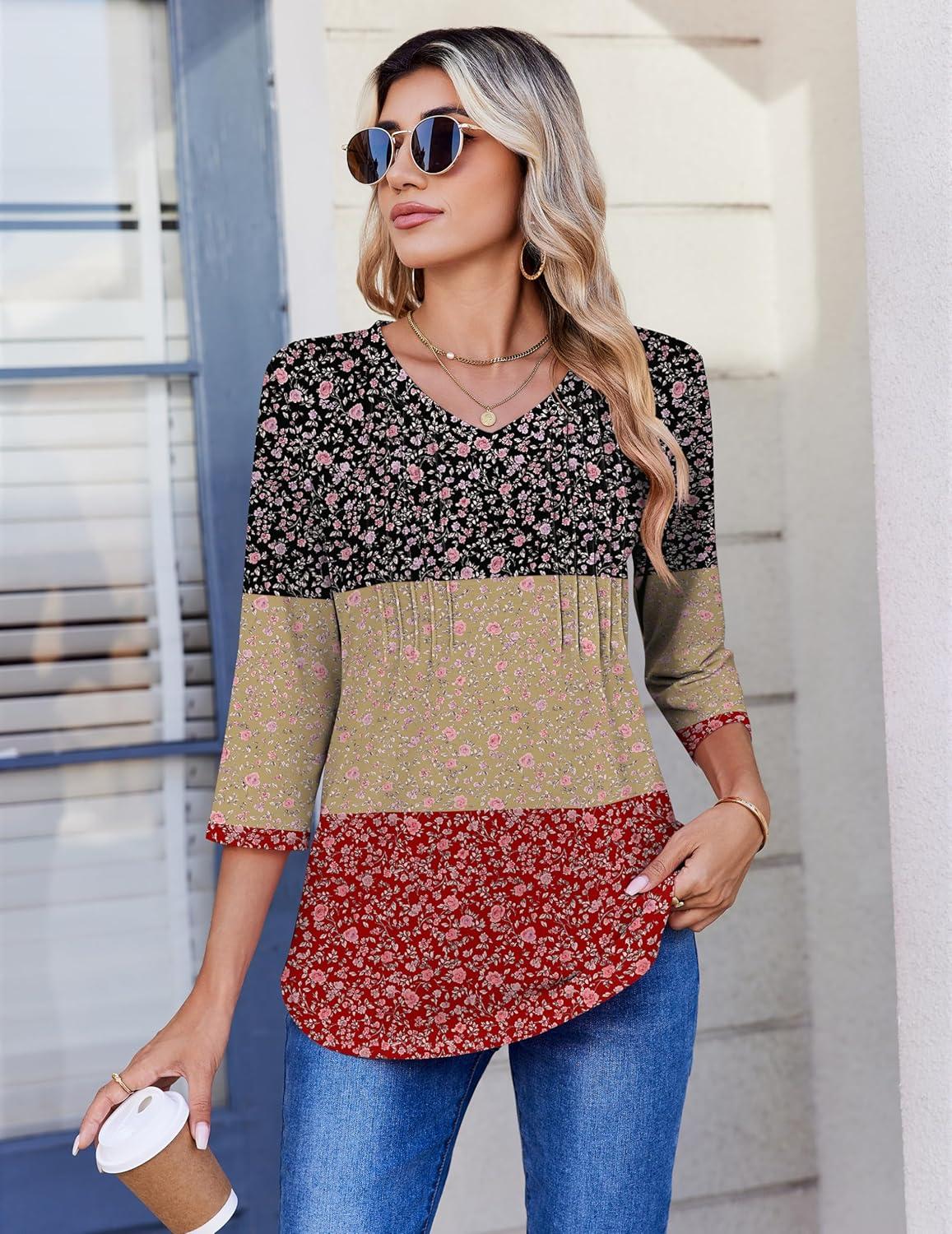 image:imageZeagoo 34 Length Sleeve Womens Tops Casual V Neck Pleated Top Boho Floral Blouses Work ShirtsFloral Multiple Color
