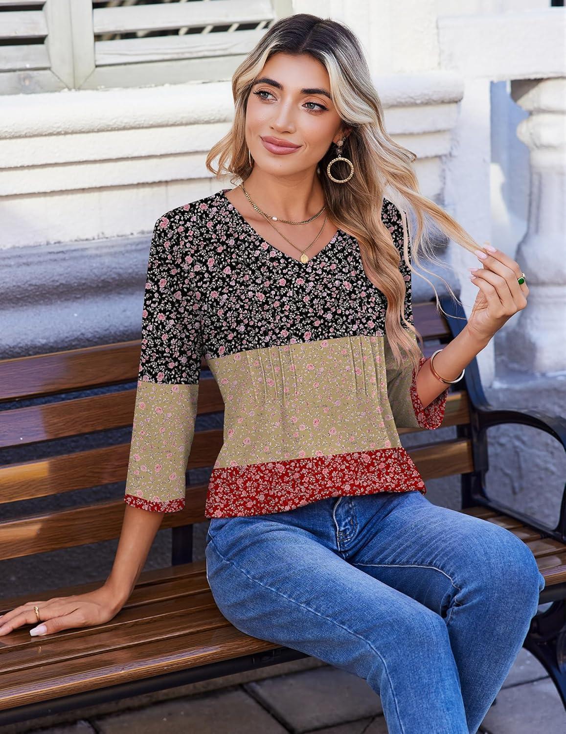 image:imageZeagoo 34 Length Sleeve Womens Tops Casual V Neck Pleated Top Boho Floral Blouses Work ShirtsFloral Multiple Color