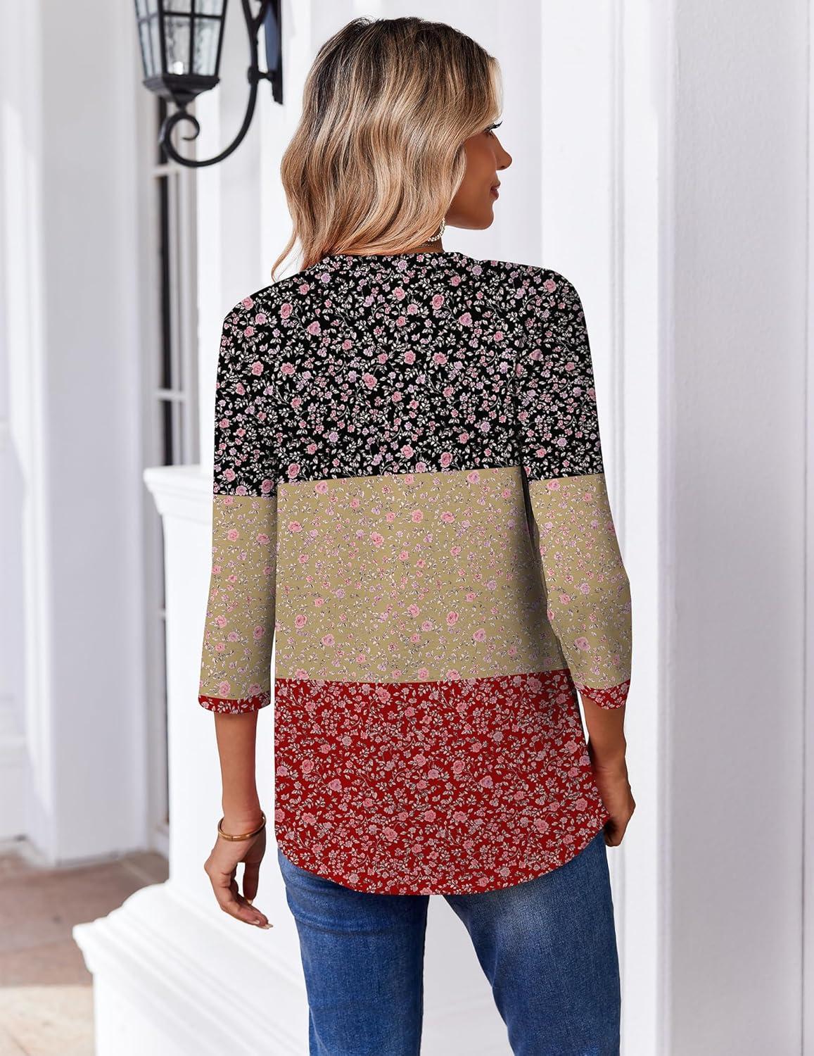 image:imageZeagoo 34 Length Sleeve Womens Tops Casual V Neck Pleated Top Boho Floral Blouses Work ShirtsFloral Multiple Color