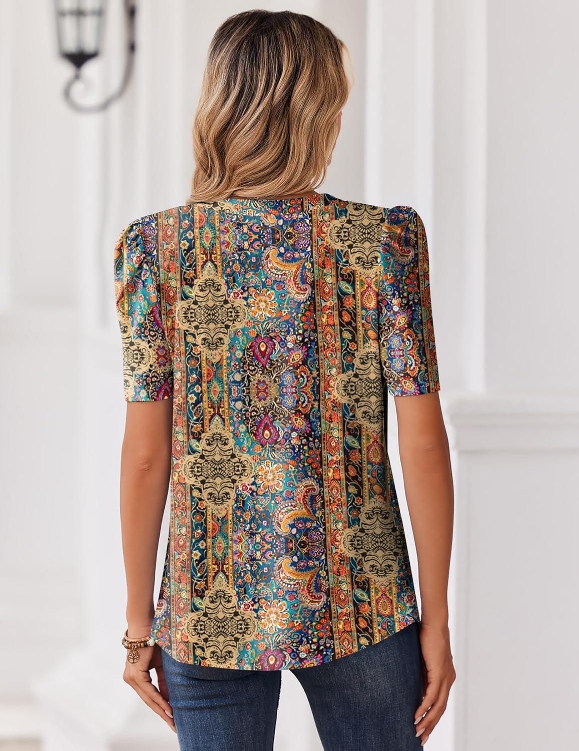 image:imageZeagoo Women Blouses Puff Short Sleeve Tops V Neck Dressy Casual Spring Shirts Boho Floral Cute Clothes 2026Mz721multicolored
