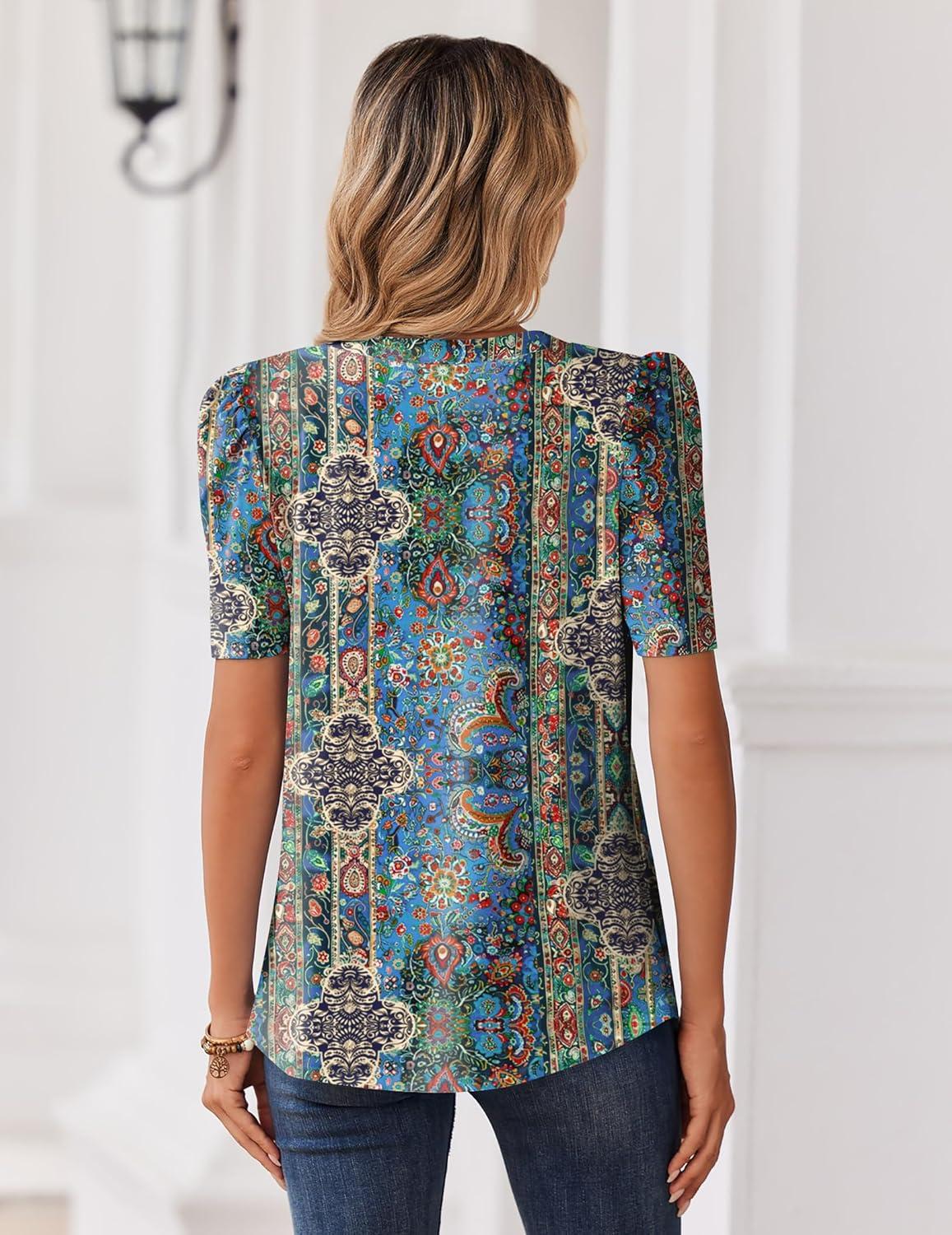 image:imageZeagoo Women Blouses Puff Short Sleeve Tops V Neck Dressy Casual Spring Shirts Boho Floral Cute Clothes 2026Mz779multicolored
