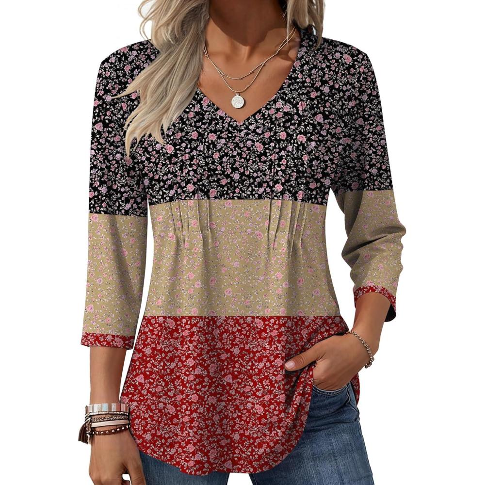 image:imageZeagoo 34 Length Sleeve Womens Tops Casual V Neck Pleated Top Boho Floral Blouses Work ShirtsFloral Multiple Color