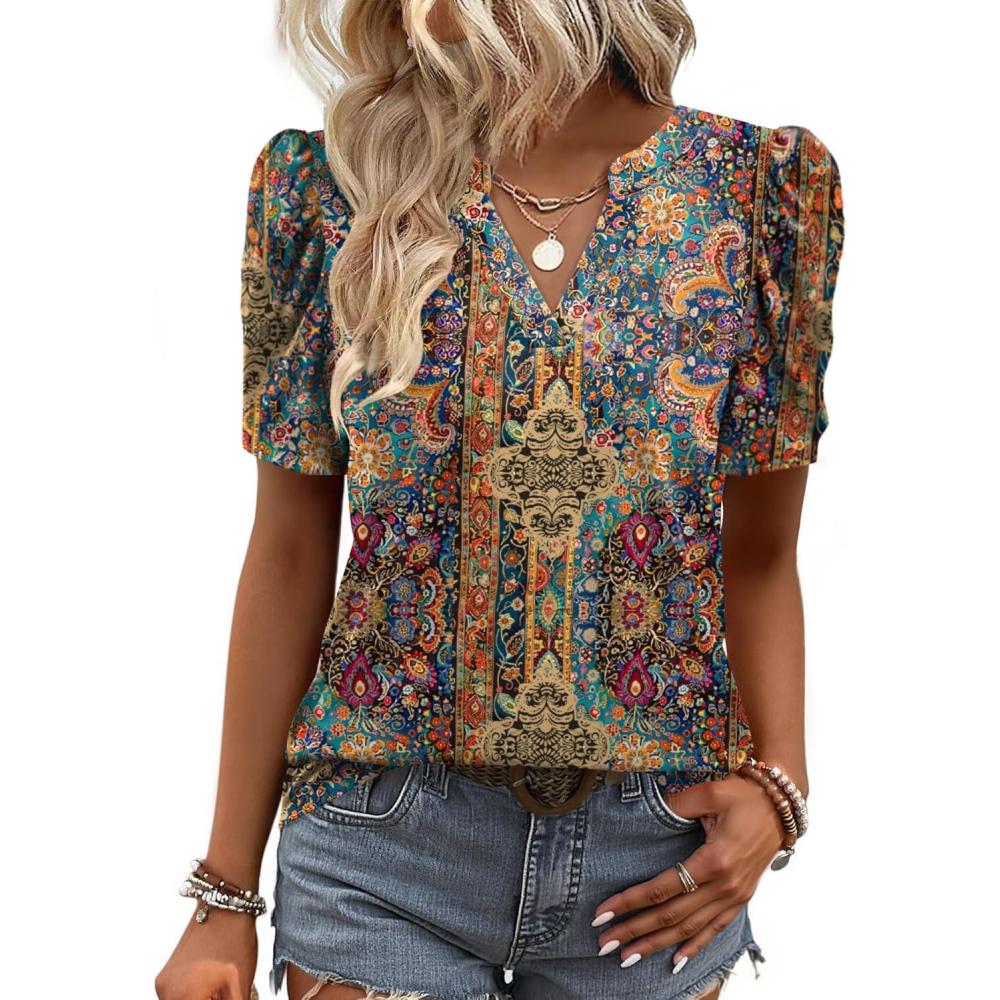 image:imageZeagoo Women Blouses Puff Short Sleeve Tops V Neck Dressy Casual Spring Shirts Boho Floral Cute Clothes 2026Mz721multicolored