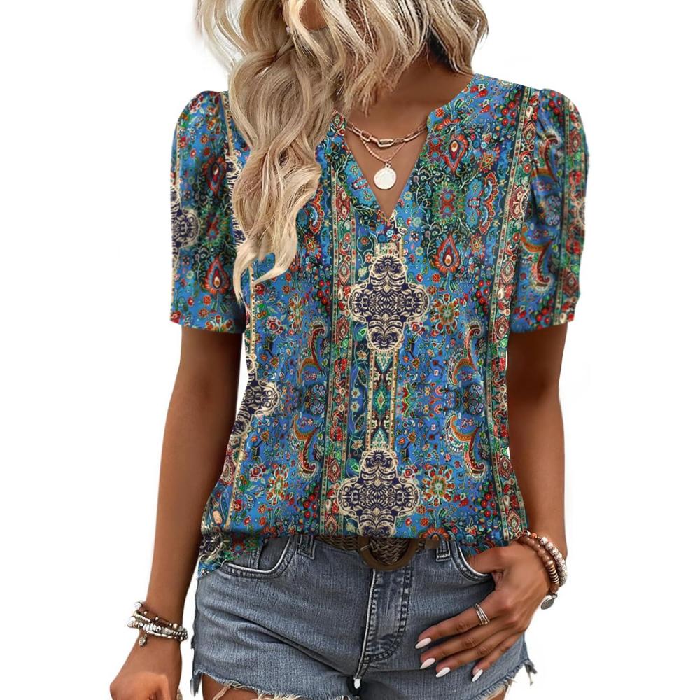 image:imageZeagoo Women Blouses Puff Short Sleeve Tops V Neck Dressy Casual Spring Shirts Boho Floral Cute Clothes 2026Mz779multicolored