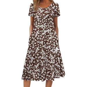 image:imageZEAGOO Womens Casual Dresses for Summer Short Sleeve Flare Midi Dress Loose Flowy Beach Sundress2601 Brown Floral