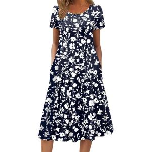 image:imageZEAGOO Womens Casual Dresses for Summer Short Sleeve Flare Midi Dress Loose Flowy Beach Sundress2601 Navy Floral