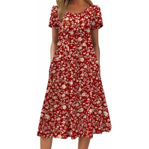 image:imageZEAGOO Womens Casual Dresses for Summer Short Sleeve Flare Midi Dress Loose Flowy Beach Sundress2601 Red Floral