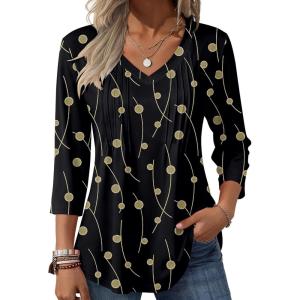 image:imageZeagoo 34 Length Sleeve Womens Tops Casual V Neck Pleated Top Boho Floral Blouses Work ShirtsBlack Khaki Dots