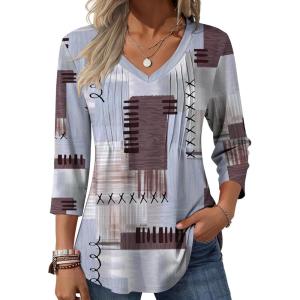 image:imageZeagoo 34 Length Sleeve Womens Tops Casual V Neck Pleated Top Boho Floral Blouses Work ShirtsBlue Brown 609