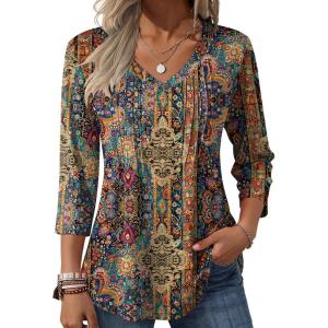 image:imageZeagoo 34 Length Sleeve Womens Tops Casual V Neck Pleated Top Boho Floral Blouses Work ShirtsBoho Mz721