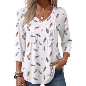 image:imageZeagoo 34 Length Sleeve Womens Tops Casual V Neck Pleated Top Boho Floral Blouses Work ShirtsFeather White 170
