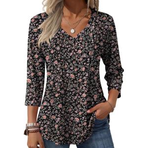 image:imageZeagoo 34 Length Sleeve Womens Tops Casual V Neck Pleated Top Boho Floral Blouses Work ShirtsFloral Black