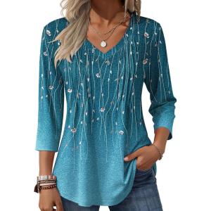 image:imageZeagoo 34 Length Sleeve Womens Tops Casual V Neck Pleated Top Boho Floral Blouses Work ShirtsLeaf Green