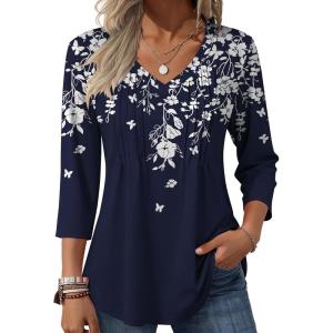 image:imageZeagoo 34 Length Sleeve Womens Tops Casual V Neck Pleated Top Boho Floral Blouses Work ShirtsLeaf Navy