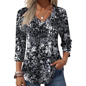 image:imageZeagoo 34 Length Sleeve Womens Tops Casual V Neck Pleated Top Boho Floral Blouses Work ShirtsMulticolor 273