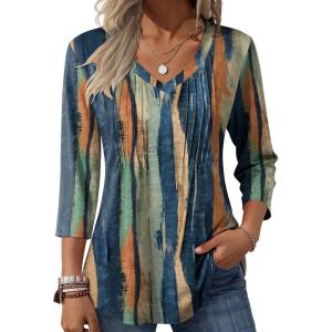 image:imageZeagoo 34 Length Sleeve Womens Tops Casual V Neck Pleated Top Boho Floral Blouses Work ShirtsMulticolor 289
