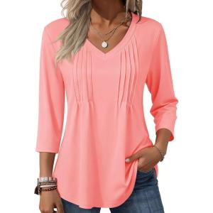 image:imageZeagoo 34 Length Sleeve Womens Tops Casual V Neck Pleated Top Boho Floral Blouses Work ShirtsPink
