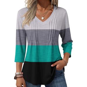 image:imageZeagoo 34 Length Sleeve Womens Tops Casual V Neck Pleated Top Boho Floral Blouses Work ShirtsStriped 595