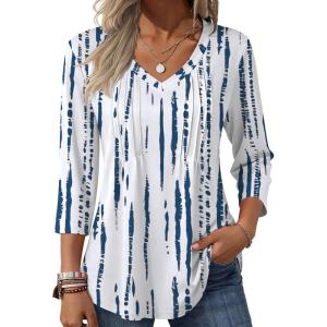 image:imageZeagoo 34 Length Sleeve Womens Tops Casual V Neck Pleated Top Boho Floral Blouses Work ShirtsWhite Blue