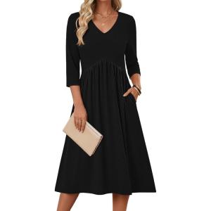 image:imageZeagoo 34 Sleeve Womens Dress Casual Midi Tshirt Dresses with Pockets Empire Waist Summer SemiFormal Boho Beach Sundress01 Solid Black
