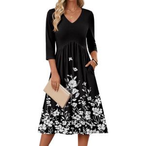 image:imageZeagoo 34 Sleeve Womens Dress Casual Midi Tshirt Dresses with Pockets Empire Waist Summer SemiFormal Boho Beach SundressBlack Floral