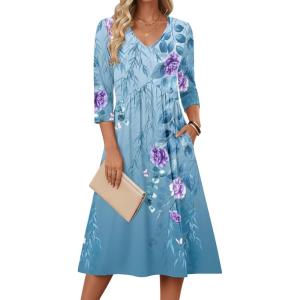 image:imageZeagoo 34 Sleeve Womens Dress Casual Midi Tshirt Dresses with Pockets Empire Waist Summer SemiFormal Boho Beach SundressBlue Floral