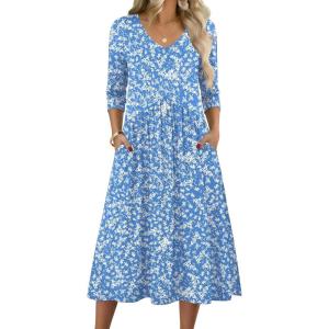 image:imageZeagoo 34 Sleeve Womens Dress Casual Midi Tshirt Dresses with Pockets Empire Waist Summer SemiFormal Boho Beach SundressBlue Floral Xh41