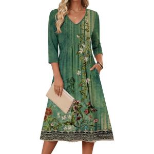 image:imageZeagoo 34 Sleeve Womens Dress Casual Midi Tshirt Dresses with Pockets Empire Waist Summer SemiFormal Boho Beach SundressGreen Floral